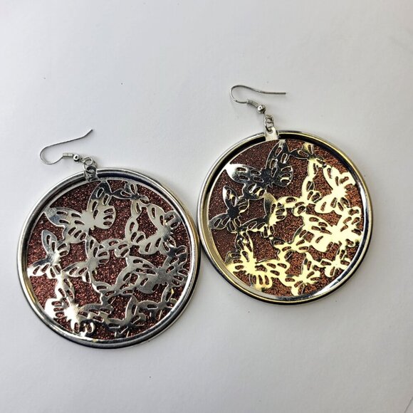 Brown and Silver Round Earrings Large Round Glitter Earrings Butterfly Earrings - Picture 1 of 4